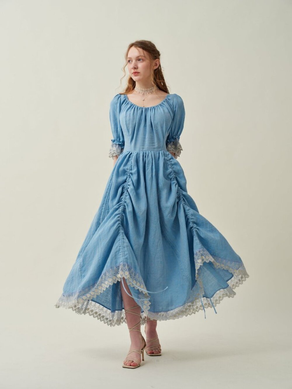 Light Blue Linen Dress with Silver Metalic Lace